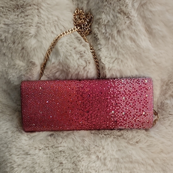 NWOT Olga Berg Pink Rhinestone Clutch with Gold Chain - Picture 5 of 9